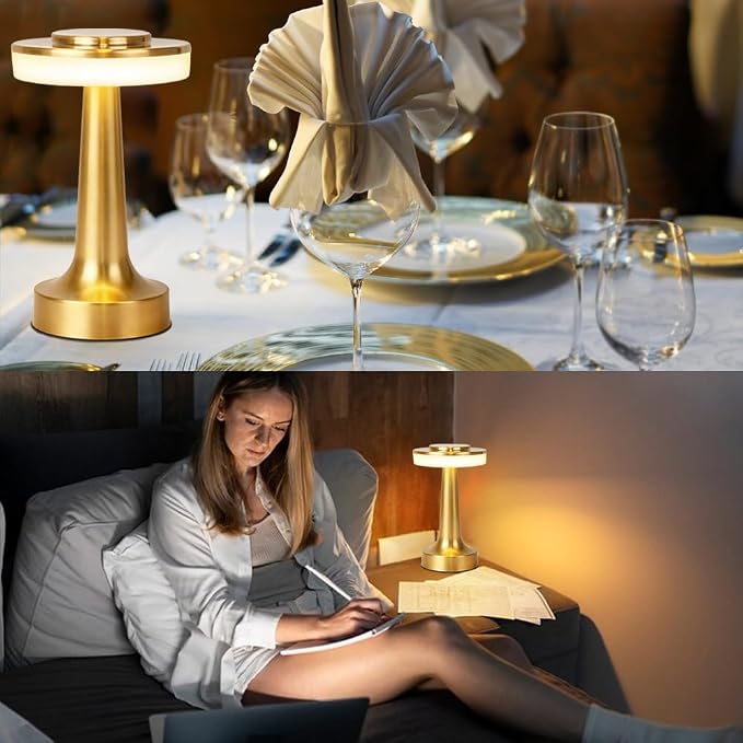 JHPGEOE Cordless Metal Desk Lamp, Touch Sensor Control LED Table Lamp,3 Color Stepless Dimmable Battery Powered Lamp for Living Room, Dorm, Home Office (Gold)