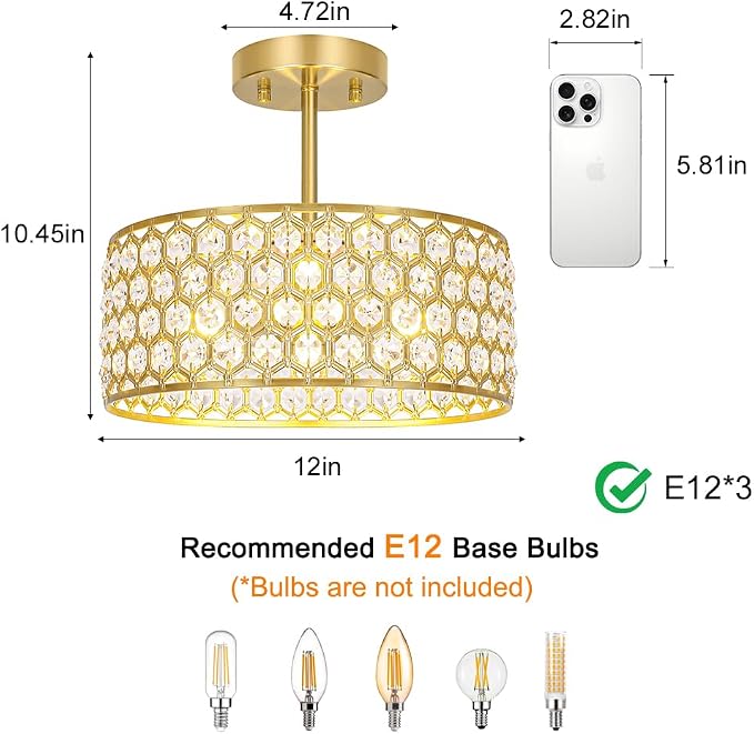 Lxybcce Gold Crystal Ceiling Light Fixture - Modern Semi Flush Mount Ceiling Light for Hallway, Kitchen Lighting Fixtures Ceiling, Dazzling Prism Chandelier for Foyer Closet Bedroom, 3 Light, 12 in