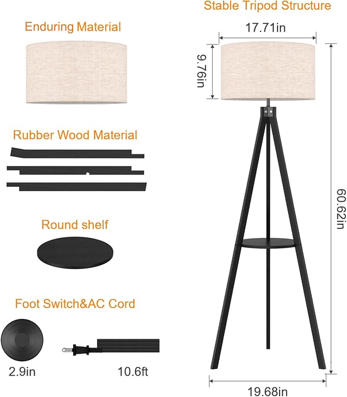 LEPOWER Shelf Floor Lamp Tripod Mid Century Modern Lamps for Living Room | Light-Diffusing Linen Shade, Premium Rubberwood, E26 Base, Foot Switch, Adding Warmth to Bedroom, Office & Study Corner Black