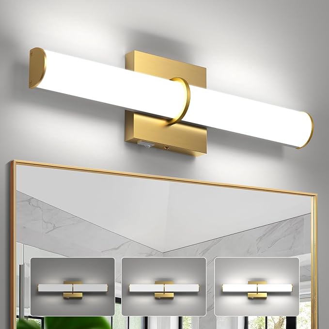 17.3Inch Modern Vanity Light Fixture with Switch, 12W 5000K Led Bathroom Light Fixture Over Mirror, Hardwired, 1200LM Gold Vanity Light Bar for Mirror Bedroom Hallway Living Room