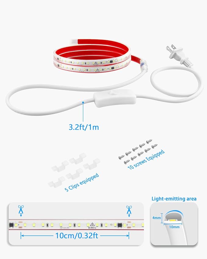 24in Under Cabinet Lighting Strip Plug in with Switch Self-Adhsive Waterproof AC 110V Led Strips Light Outdoor Daylight White 120LED/M Super Bright Flexible LED Tape lights for Bedroom Kitchen Counter