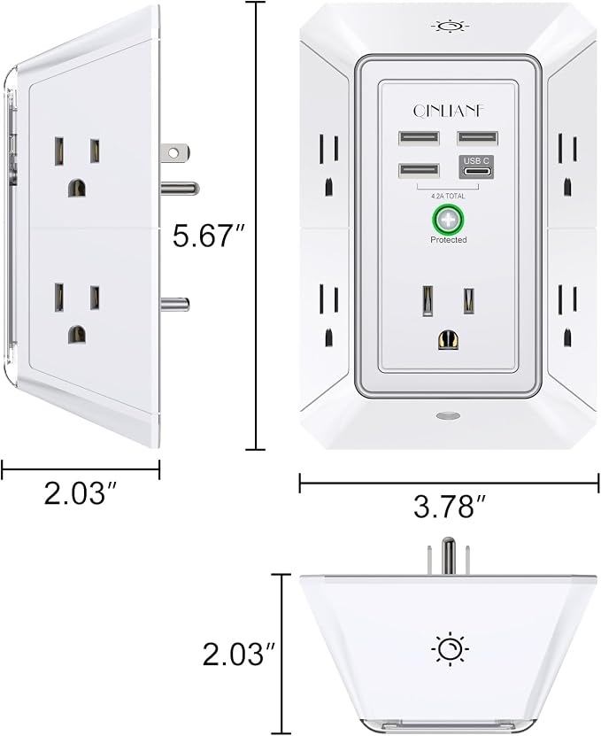 3-Sided Outlet Extender with Night Light - QINLIANF Multi Plug Outlet with 5 Outlets and 4 USB Ports(1 USB-C), USB Wall Charger for Home, Office, Travel, ETL Listed, White