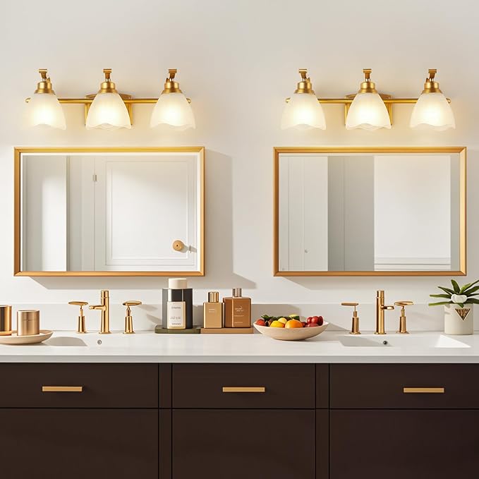Bathroom Light Fixtures (3-Light, 20.5 Inch), Brushed Gold Vanity Lights for Bathroom with White Frosted Glass Shade, Modern Vanity Wall Lights for Mirror Bedroom Living Room Kitchen Hallway Porch