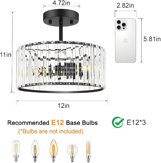 Lxybcce Modern Crystal Ceiling Light, Matte Black Semi Flush Mount Ceiling Lighting Fixture, Hallway Light Fixtures Chandelier for Kitchen, Bedroom Dining Room Hallway Closet, 3-Light, 12 Inch