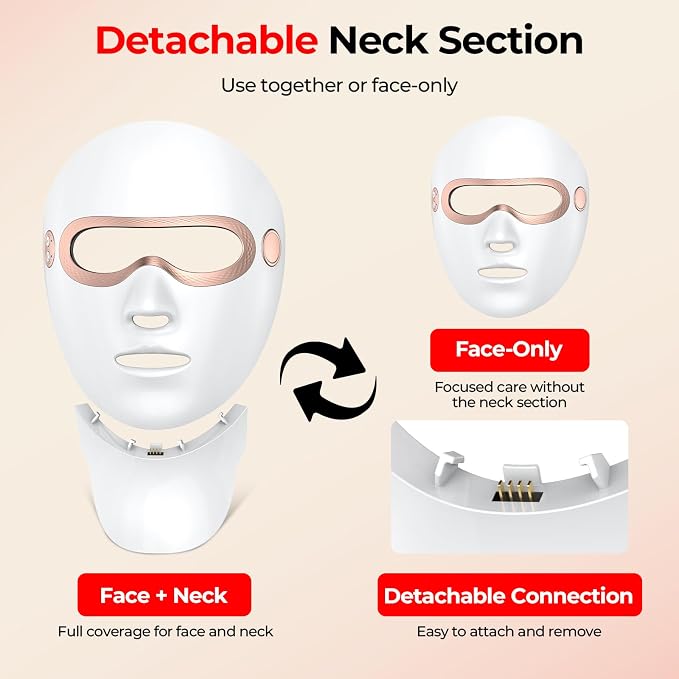 Red Light Therapy for Face and Neck, Cordless LED Face Mask | 7-Color Multi-Mode Skincare Device, Detachable Neck Panel, 3-Level Warming, Rechargeable for Home Use