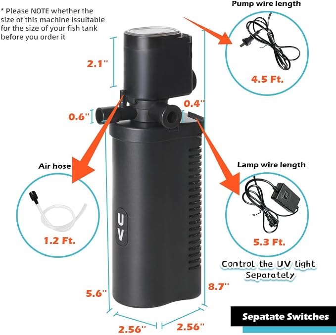 COOSPIDER Aquarium Filter with 6W U-V Light 158GPH for 10-45 Gallon Tank | Submersible Fish Tank Filter with 8W Water Pump for Green Clean, Turtle Tank, Oxygen Supply, Deodorization, Water Cycle