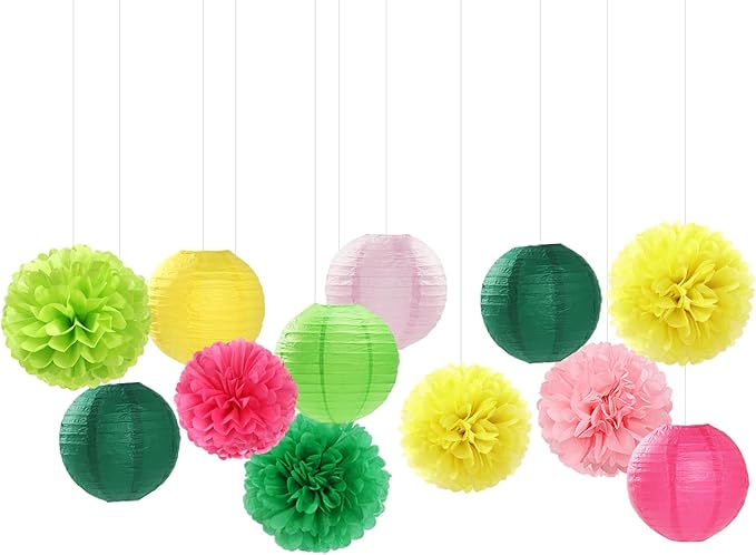 Hawaiian-Summer Pool Party-Decorations Paper-Flowers Lanterns - 15pcs Luau Tropical Beach Tissue Pom Poms Streamers,Birthday Bachelorette Wedding Baby Shower Graduation Hanging Supplies Decor Hugfond