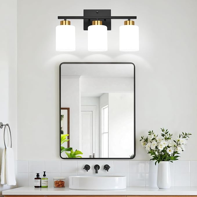 Black and Gold Bathroom Vanity Light Fixtures, 3-Light Modern Bathroom Wall Light with Frosted White Glass Shades, Vanity Light Over Mirror, E26 Base, Bathroom Lighting for Mirror (Bulbs Not Included)