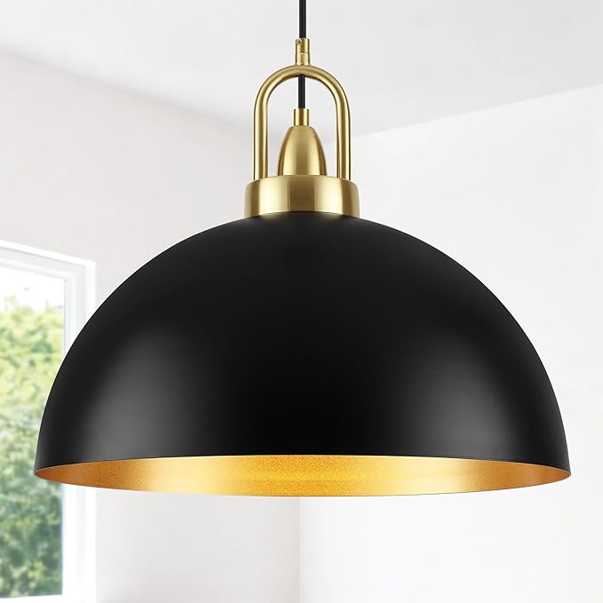 16'' Large Black Pendant Light for Kitchen Island Lighting, Modern Farmhouse Industrial Dome Hanging Ceiling Pendant Lighting Fixture for Dining Room, Bar, Living Room