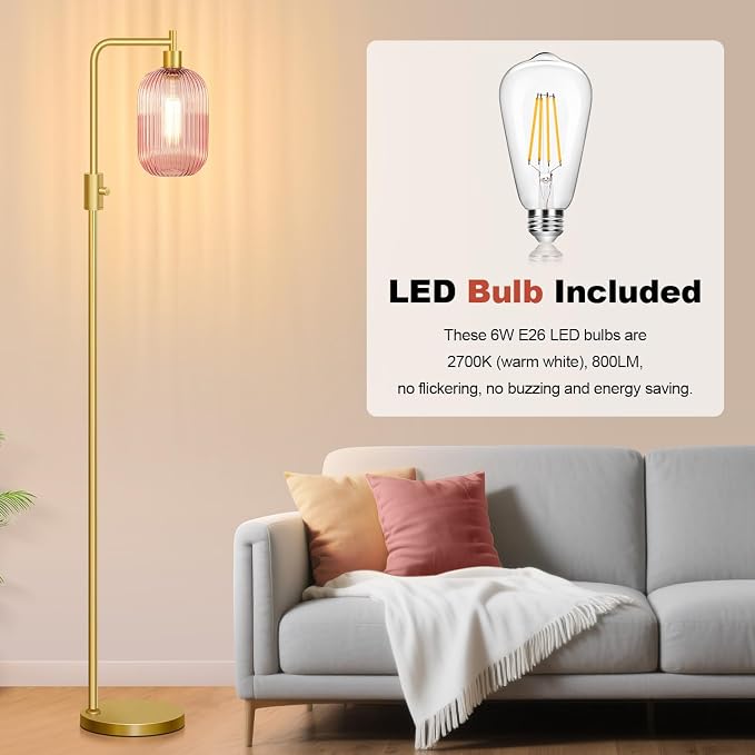【Upgraded】 Dimmable Floor Lamp for Living Room with Pink Ribbed Glass Lampshade, Gold Modern Floor Lamp with 900LM LED Bulb Included, Arc Standing Tall Lamp for Bedroom, Office, Reading Room, Corner