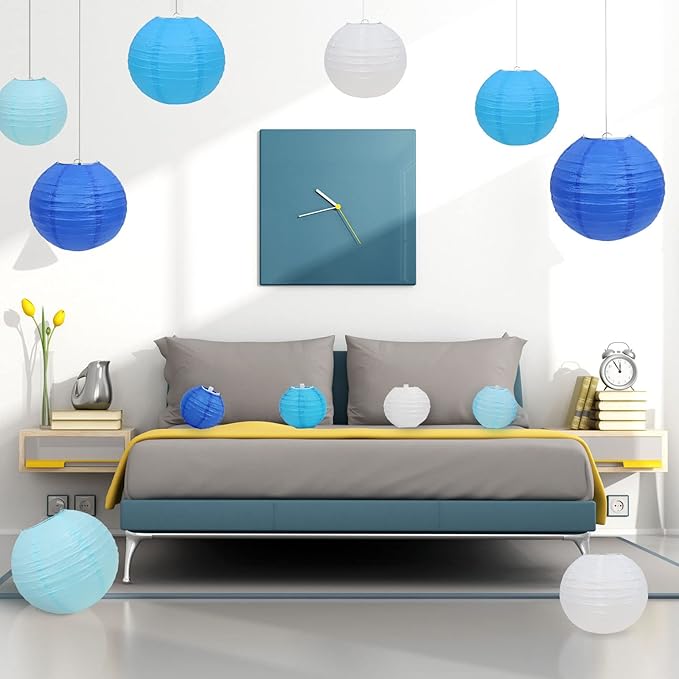 LURICO 16 Pcs Blue/White Paper Lanterns (Size of 4β, 6β, 8β, 10β) - Chinese/Japanese Paper Hanging Decorations Ball Lanterns Lamps for Home Decor, Parties, and Weddings