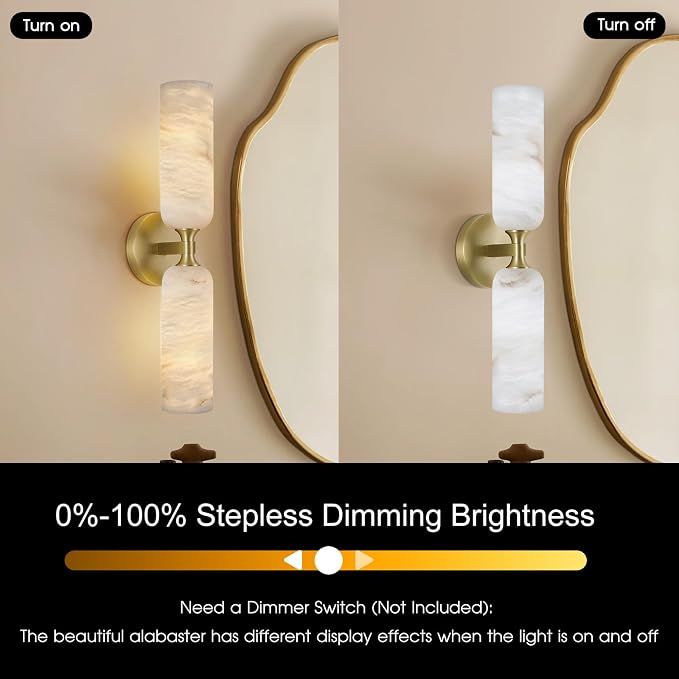 20in Alabaster Wall Sconces Set of Two, Modern Spanish Natural Marble Bathroom Vanity Sconces, Brass Alabaster Sconce Wall Lighting, Gold Wall Light Fixtures Decor for Bedroom Living Room Staircases