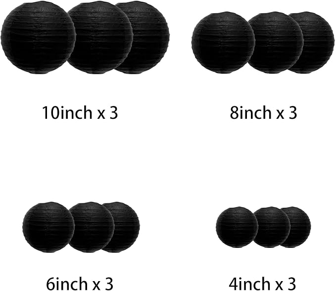 Black Paper Lanterns Decorative, Chinese/Japanese Hanging Round Paper Lanterns Decorations for Wedding, Bachelorette, Graduation, Halloween, Birthday (12 PCS)