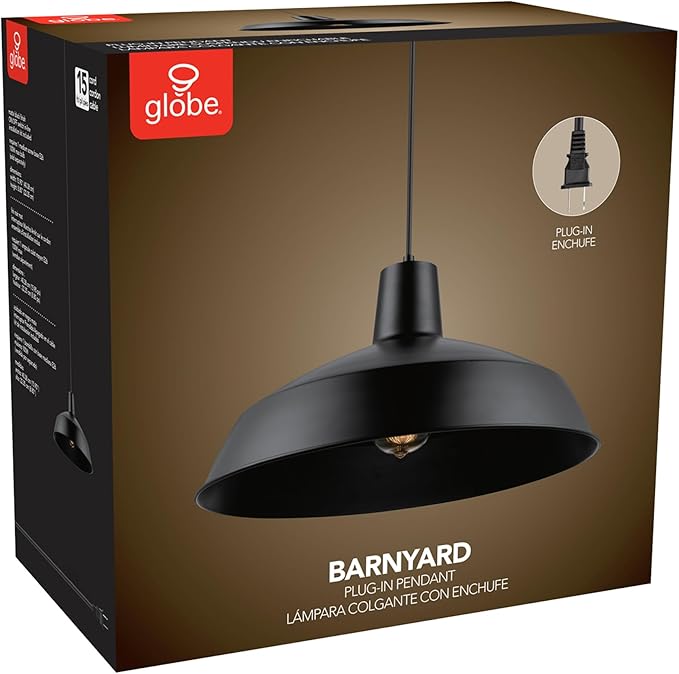 Globe Electric 65151 1-Light Plug-in Pendant Lighting, Matte Black, 15ft Cord, in-Line On/Off Switch, Adjustable Height, Hanging Ceiling Light for Apartments and Rental, Home Decor, Vintage