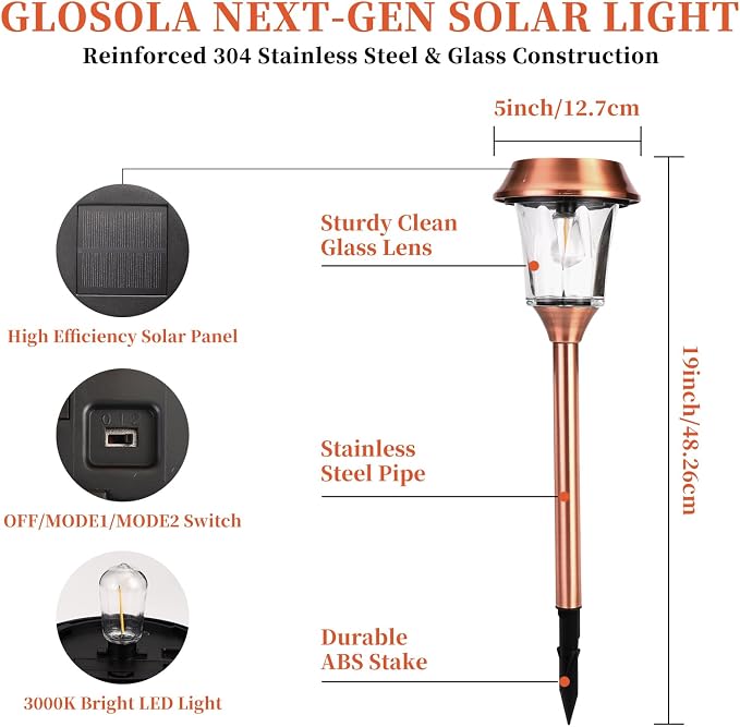 Solar Pathway Lights Outdoor, Landscape Lighting 4 Pack | Stainless Steel & Glas, 12-25 LM Dimmable, Auto On/Off, IP65 Waterproof, Outdoor Lights for Yard, Lawn, Walkway, Driveway