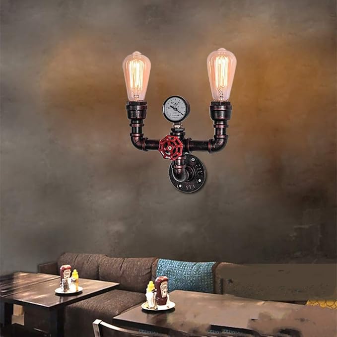 MQ Water Pipe Wall Sconces Lamp, Steampunk Fixtures 2 Lights Wall Mount E26 Socket Vintage Rustic Wall Light for Bathroom Hallway Basement Copper Color
