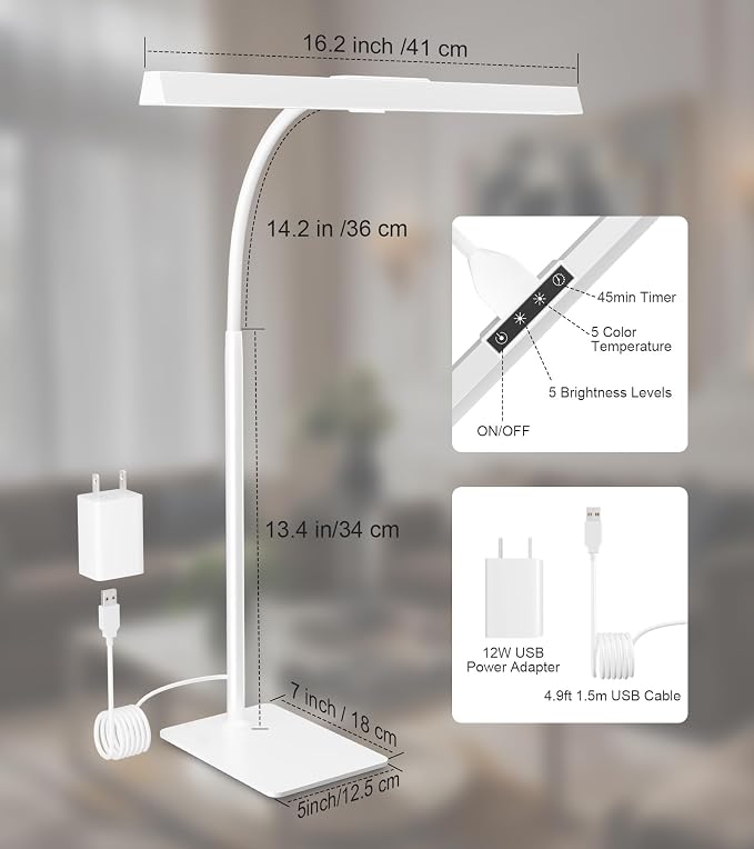 LED Desk Lamp for Home Office with Base, Eye-Caring Desk Light 12W | Tall Lamp for Computer Monitor Task Reading, Adjustable Gooseneck, 5 Dimmable Brightness & Color, Touch Control, Timer