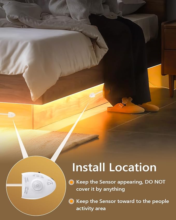 WILLED Under Bed Lights, Dimmable Motion Activated Led Light Strip, Under Bed Lighting with Motion Sensor and Power Adapter, Soft Warm Glow LED Lights for Bedroom, Crib, Cabinet and Bathroom