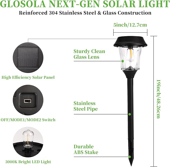 Solar Pathway Lights Outdoor, Landscape Lighting 4 Pack | Stainless Steel & Glas, 12-25 LM Dimmable, Dusk to Dawn, IP65 Waterproof, Outdoor Lights for Yard, Lawn, Walkway, Driveway