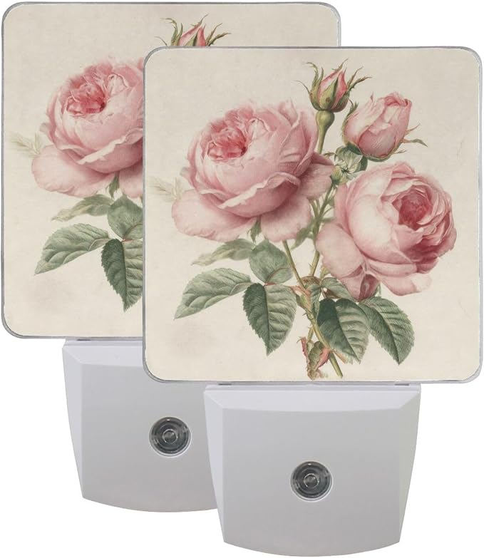 Pink Roses Vintage Night Light Dusk to Dawn Sensor LED Night Dimmable Nightlight Lights Plug into Wall for Living Room