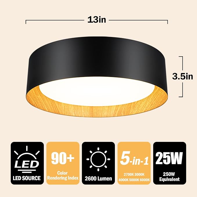 Flush Mount Ceiling Light, 13in Modern Ceiling Light 5 Color Temperature | 25W Bathroom Ceiling Light Fixture, 2600LM Dimmable LED Flush Mount Light for Bedroom, Hallway, Kitchen, Black & Wood, 2-Pack