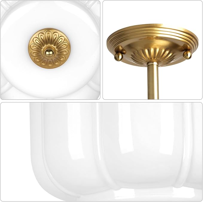 9.4" Milk Glass Semi Flush Mount Ceiling Light Fixture, Vintage Gold Ceiling Lamp for Hallway, Kitchen, Bedroom, Entryway, Antique Mid Century Lighting with Scallop Shade for Small Rooms