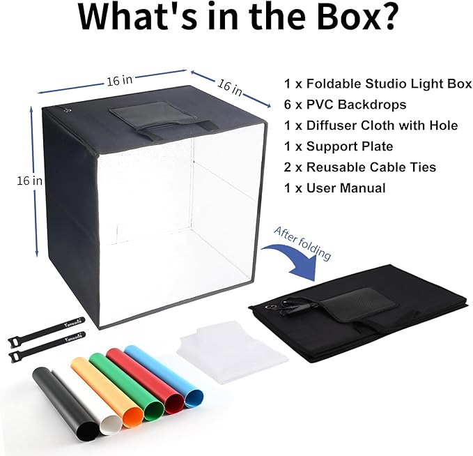 16x16 Inch Photo Studio Light Box with 180 Dimmable LED Lights (CRI 95+), 3 Color Temperatures, 6 PVC Backdrops - Portable Foldable Shooting Tent for Product Photography: Jewelry, Food, Shoes