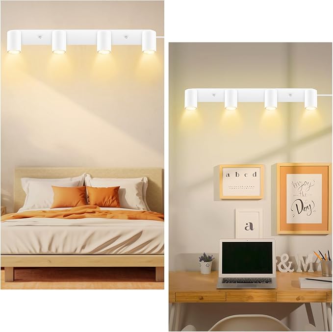 4 Light Track Lighting Kit,White 4 Way Modern Plug in Ceiling Spotlight,Industrial LED Wall Light for Kitchen Cabinet Gallery Bar Hallway Living Room,Rocker Switch,15 Foot Cord(No Bulb)