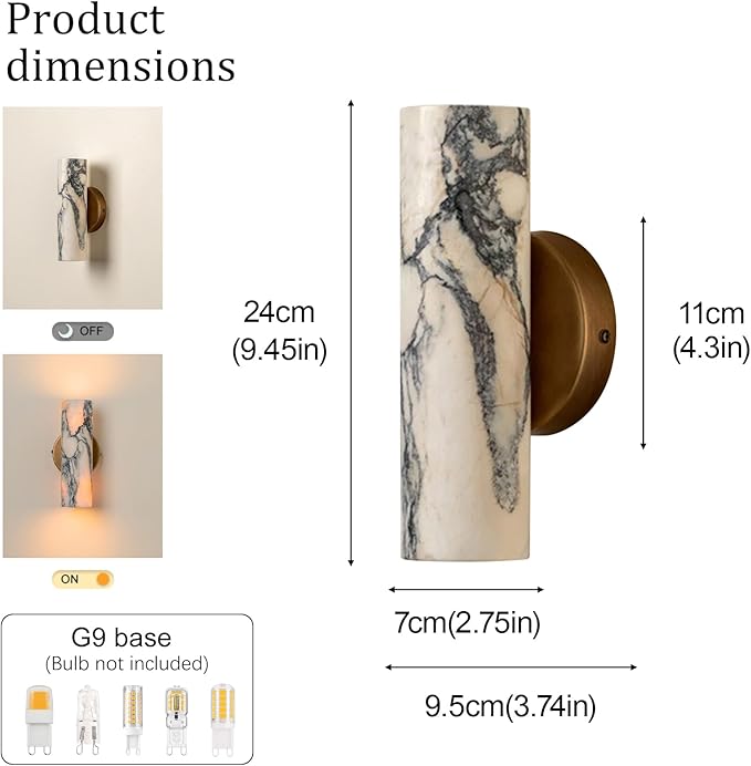 9.45 Inch Alabaster Wall Sconces, Nordic Style Natural Stone Wall Lamp, Marble Lampshade Up and Down Lighting Fixtures, Metal Base Hardwired Indoor Wall Light for Bedroom Bedside Hallway