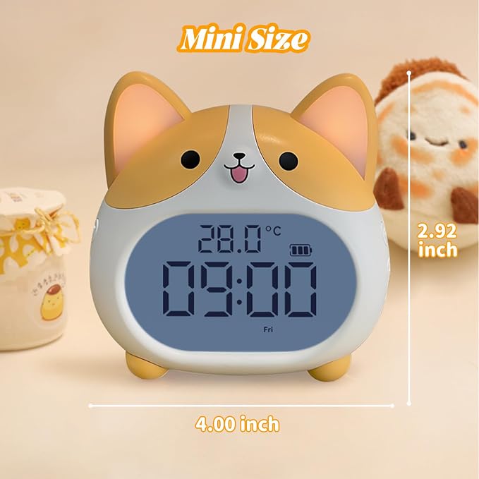AVEKI Alarm Clocks for Kids - Cute Dog Clock with Night Light, 6 Alarm Tones, Snooze, Timer, Date and Temperature Display - Rechargeable Battery Operated Digital Clocks for Bedroom Kids Room (Corgi)