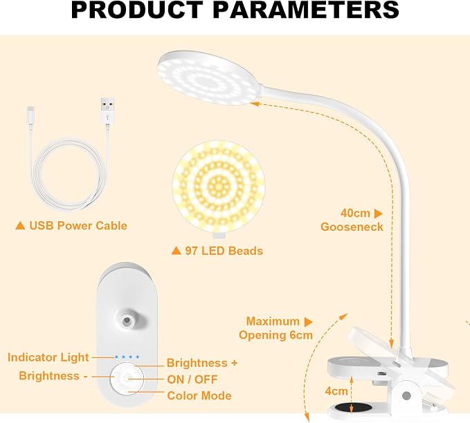 Rechargeable Desk Lamp with Clamp, 97 LED Bright Clip on Light with 3 Color & 10 Brightness, Cordless Desk Light for Home Office Bed Book Reading Crafting Sewing Drawing Knitting Puzzle (White/4.7'')