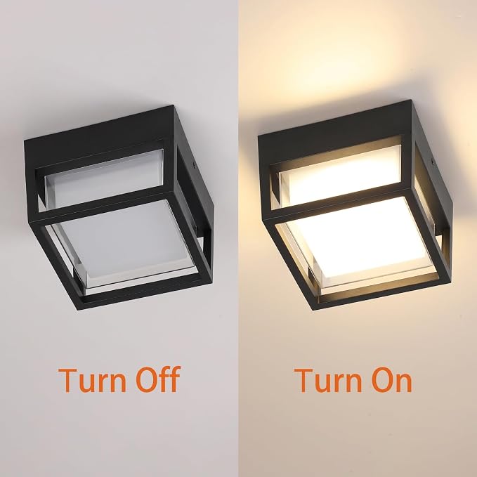 Outdoor Ceiling Porch Light LED Flush Mount for Wall or Ceiling, Square Exterior Wall Lamp for Patio Balcony Terrace, 3000K Warm Color, 125w Equivalent, Black, Wet Location, Small 6.3"x6.3"x4.3"
