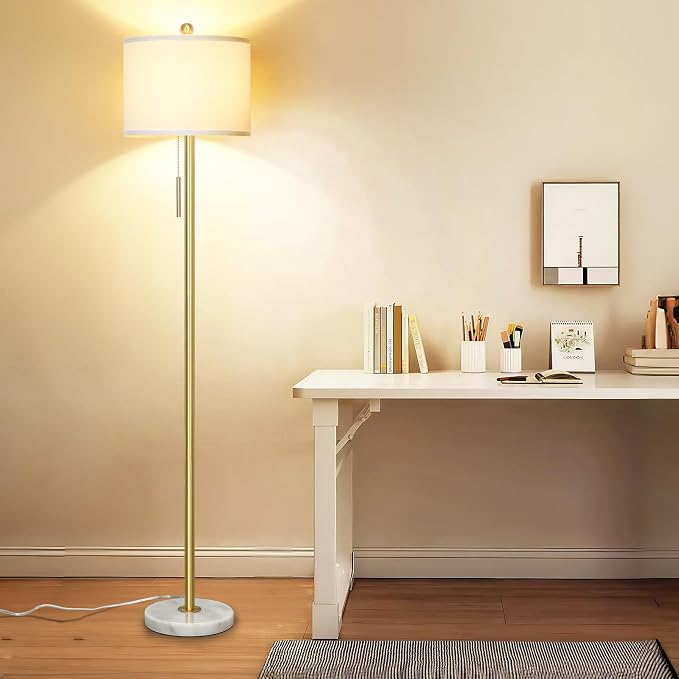 Qingmiao 【Upgraded】 Dimmable Gold Floor Lamps for Living Room, 63in Modern Standing Lamp with Marble Base, Tall Pole Light with White Linen Shade for Bedroom Reading Office Corner