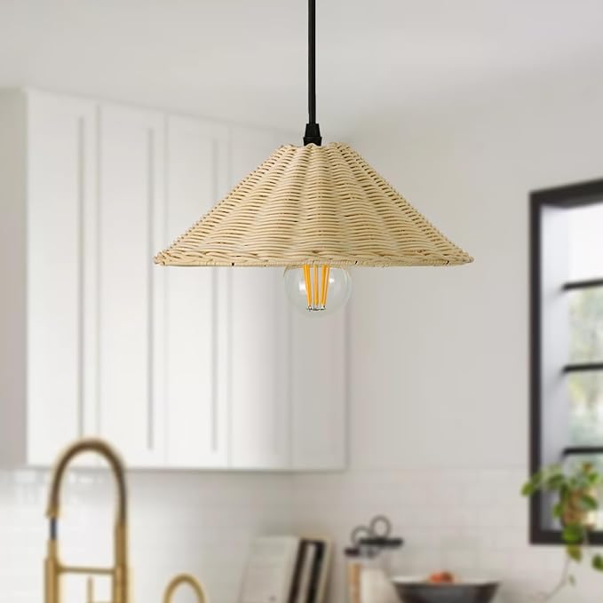 Hard Wired Rattan Pendant Lights Set of 2,Farmhouse Coastal Woven Wicker Ceiling Light with 10.65” Cone Shade, Boho Wired Mounted Hanging Chandelier for Bedroom Dining Room Kitchen Island