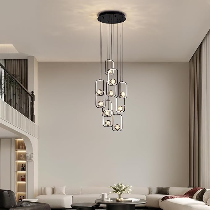 10-Light Modern LED Crystal Chandelier 10 Lights Black High Ceiling Chandelier for Staircase Large Adjustable Length Light Fixture for Foyer, Entryway, Living Room