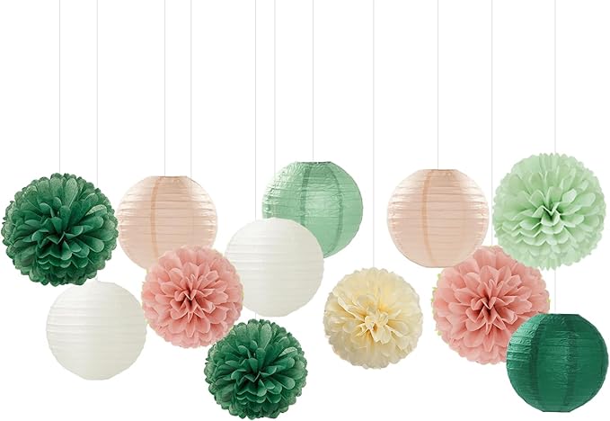 Sage-Green Pink Party-Decorations Paper-Flowers Lanterns - 15PCS Birthday Boho Rustic Tissue Pom Poms Streamers,Baby Shower Neutral Wedding Graduation Bridal Safari Hanging Supplies Decor Hugfond