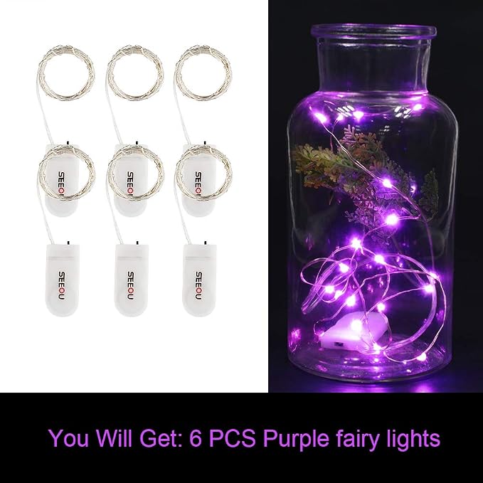YKB 6 Pack Purple Fairy String Lights Battery Operated Fairy Lights Starry String Lights on 3.3ft/1m Silvery Copper Wire DIY Christmas Decoration Costume Wedding Party Halloween Easter