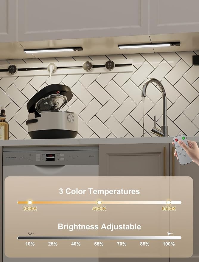 8inch Under Cabinet Lighting,56 LED -3 Color& 7 Levels Under Cabinet Lights Rechargeable 5pack | Remote Control Included, 3 Color Temperatures, Magnetic Installation, USB Rechargeable, 8mm Ultra-Thin Body