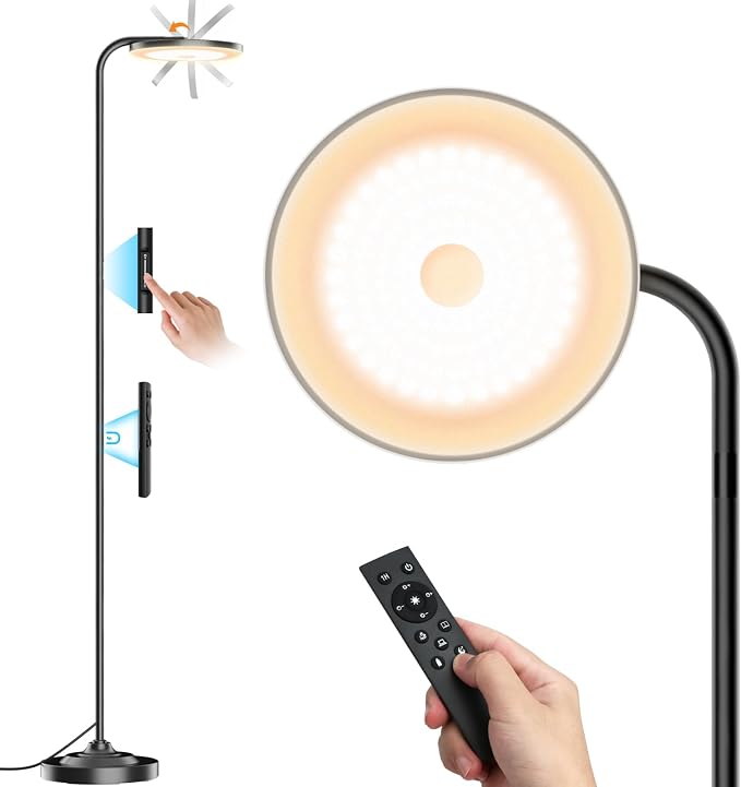 36W LED Floor Lamp, Super Bright Standing Lamp, Modern Stepless Dimmable Torchiere Tall Lamp with Remote Control, 350°Rotating Head Reading Floor Lamp for Living Room, Bedroom, Office