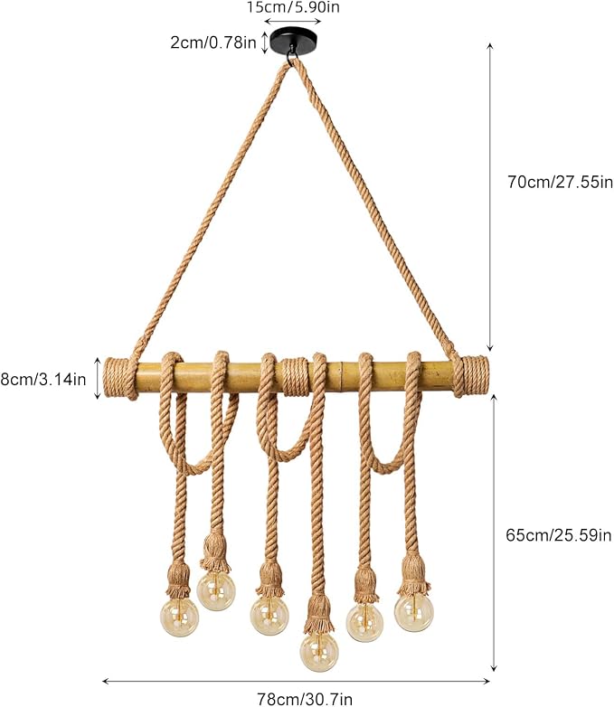 Arturesthome 6 Heads Hemp Rope Pendant Light, Vintage Bamboo Chandeliers Fixture Kitchen Island, Rustic Industrial Hanging Lamp for Bedroom Restaurant Cafe Bar Country Style Decoration