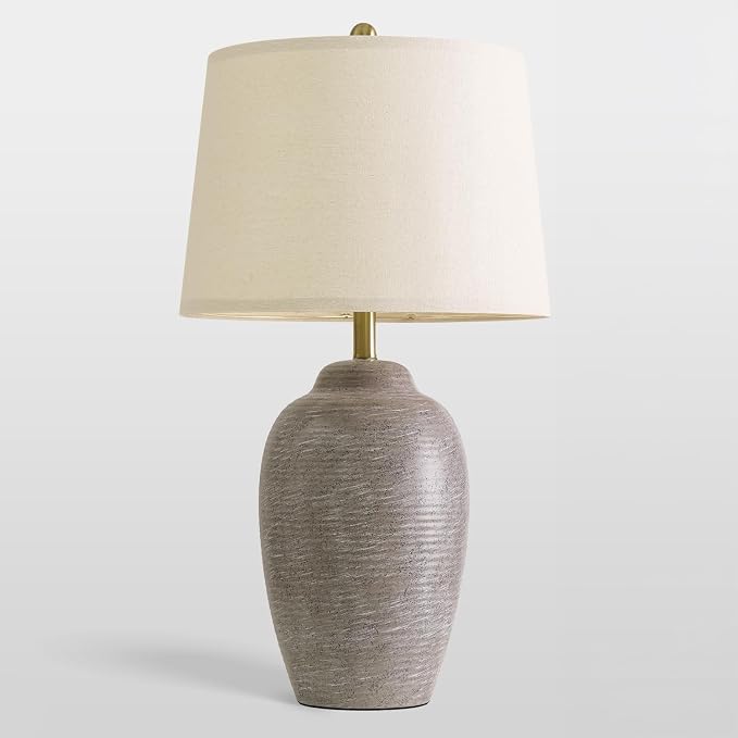 USumkky 29.5" Tall Vintage Ceramic Table Lamp with 5FT Cord - Single Large Rustic Farmhouse Bedside Lamp with Linen Shade & Natural Textured Finish, Nightstand Table Lamp for Bedroom End Table,Grey
