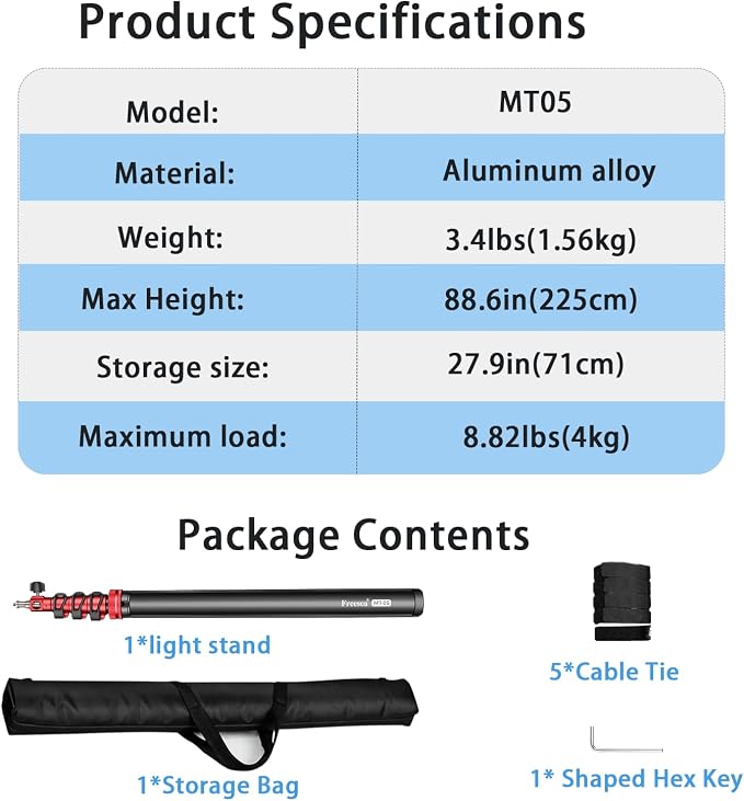 FreeSea MT-05 Heavy Duty Tripod, Aluminum Alloy Photography Light Stand