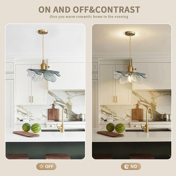 Hardwire Petal Glass Pendant Light Kitchen Island, Brass Chandelier | Hanging Light, Sculptural Art Glass, Unique, Vintage, Gold, Adjustable, Mid Century, Modern,Dining Room,Bedroom, High Ceiling