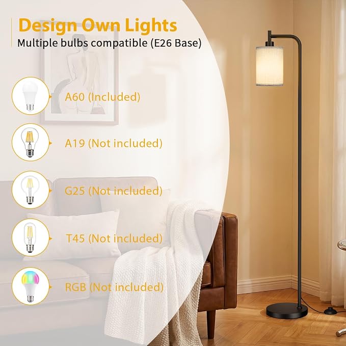 Ziisee 64" Floor Lamp for Living Room with Remote Control, Grey Shade with Black Pole, Dimmable Tall Lamps for Bedroom Office Corner, 9W LED Bulb Included