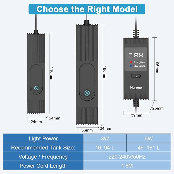 Harune 6W Aquarium U-V Light with Timer,Fully Submersible Design | For 13-43 Gal Fish Tanks,4/8/12/24H Daily Timer,Lamp Life about 8,000 hours,Small Fish Turtle Tanks