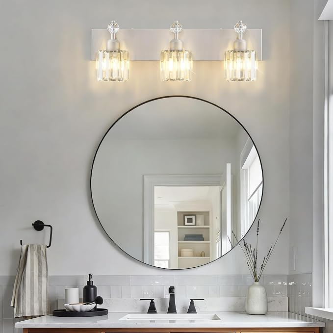 PRESDE 3-Light Crystal Bathroom Vanity Light, Brushed Nickel Bath Lighting Over Mirror, Modern Wall Sconce Fixture