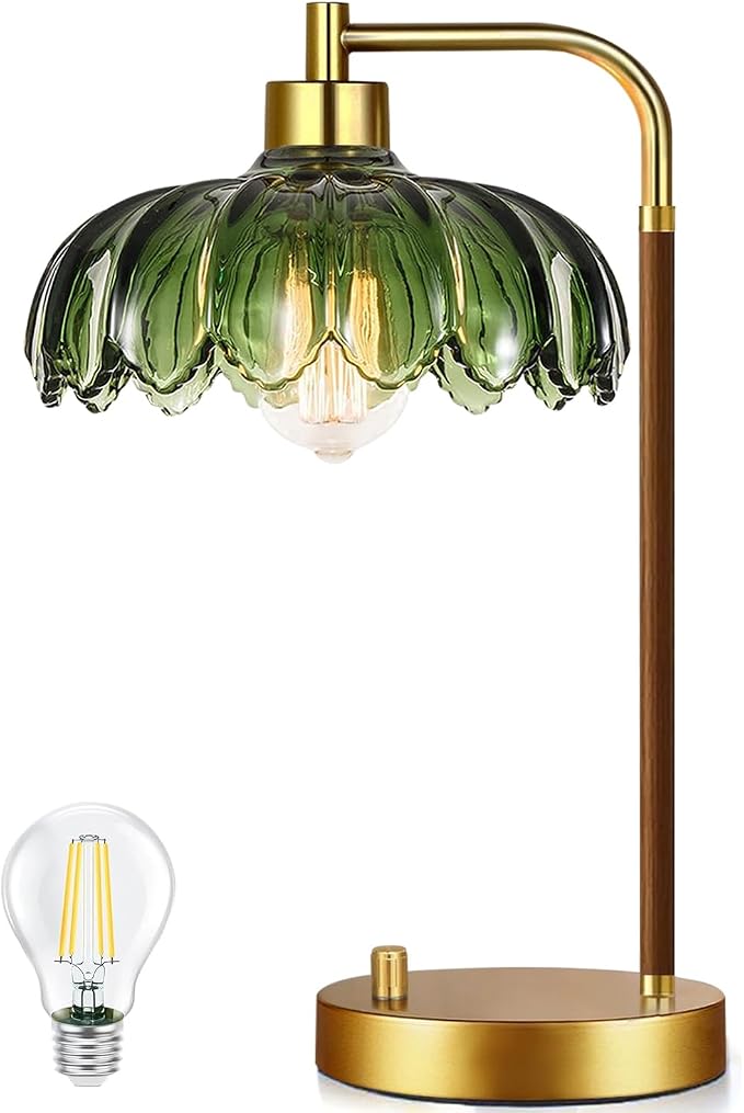 ILLMTW Vintage Table Lamp for Bedroom Living Room,Small Bedside Lamps Dimmable Bedroom Lamp with Glass Green Flower LampShade,Mid Century Modern Mini Nightstand Lamp Gold Boho Side Table Lamp