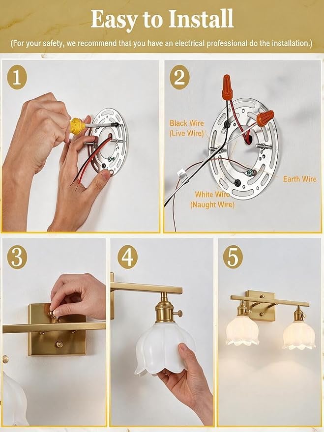 3-Light Vintage Bathroom Vanity Light, 19.4" Brass Hardwired Wall Sconce with Amber Tulip Glass Shades, Brushed Gold Vanity Light for Mirror, Restroom, Bedroom (White, 2-Light)
