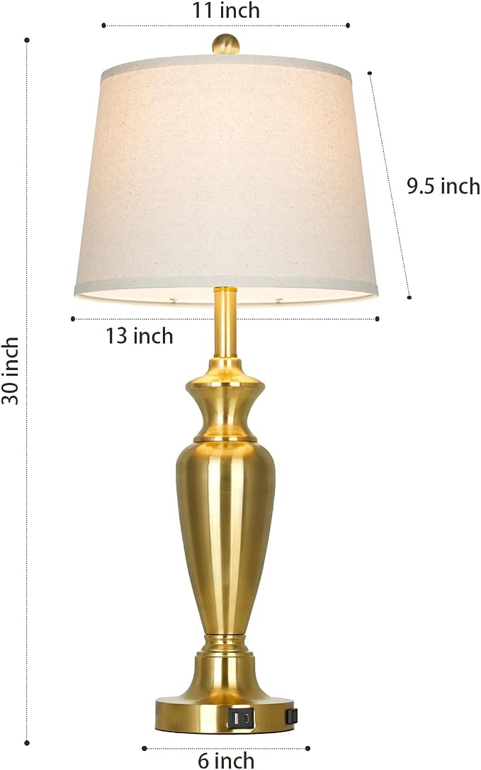 30" Tall Gold Table Lamps Set of 2 for Living Room, Touch Control Bedside Lamps for Nightstand, 3-Way Dimmable Bedroom Table Lamp with USB A+C Ports and AC Outlet (2 LED Bulbs Included)