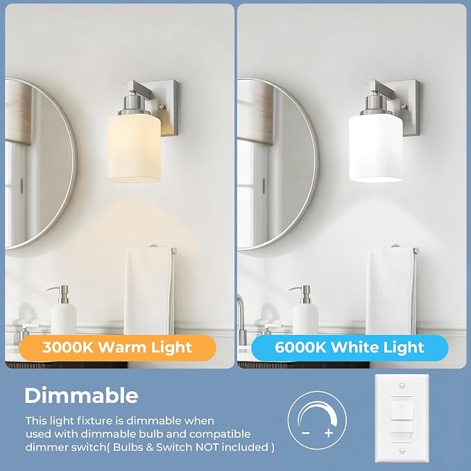 Bathroom Wall Sconces Set of 2,Brushed Nickel Wall Sconce,Vanity Light with Square Frosted Glass Wall Mounted Light Fixture,Farmhouse Wall Lamp for Bedroom Living Room Mirror Hallway